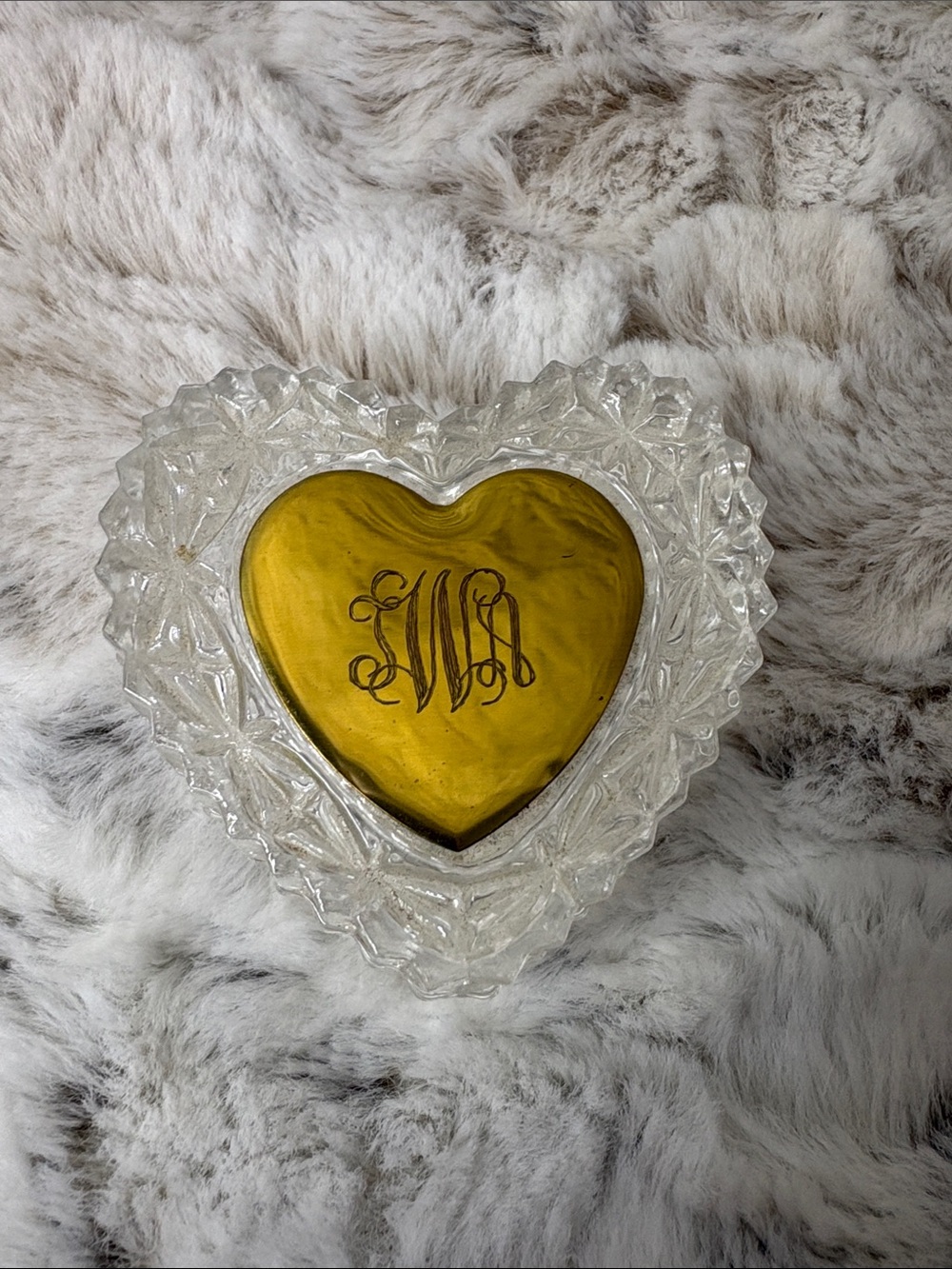 Heart-Shaped 24% Lead Crystal Trinket Dish with Gold Center and Monogram